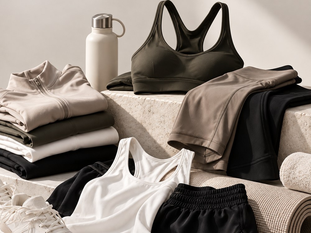 Folded activewear, sneakers and a yoga mat
