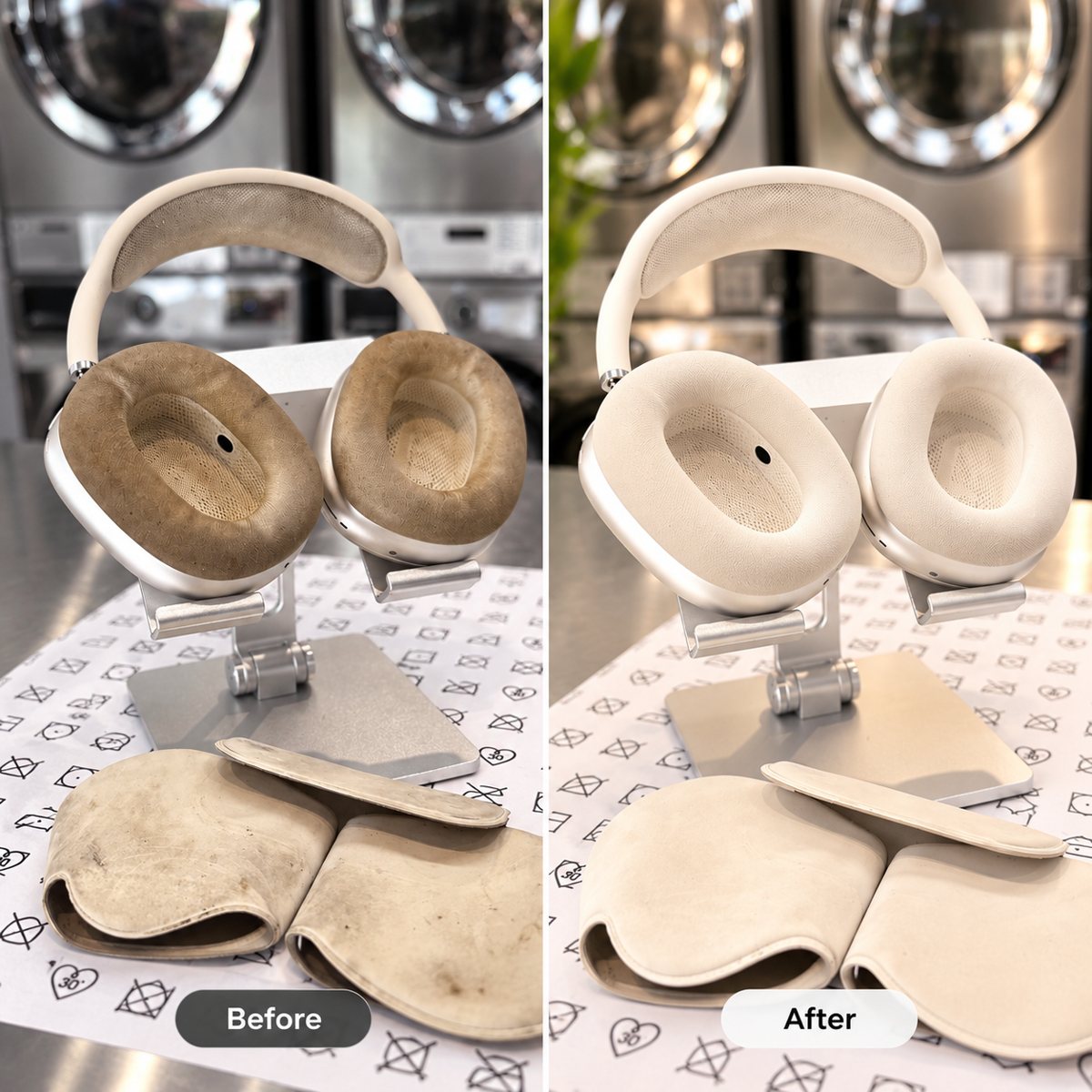 AirPods Max before and after cleaning: stained ear cushions and headband restored to cream