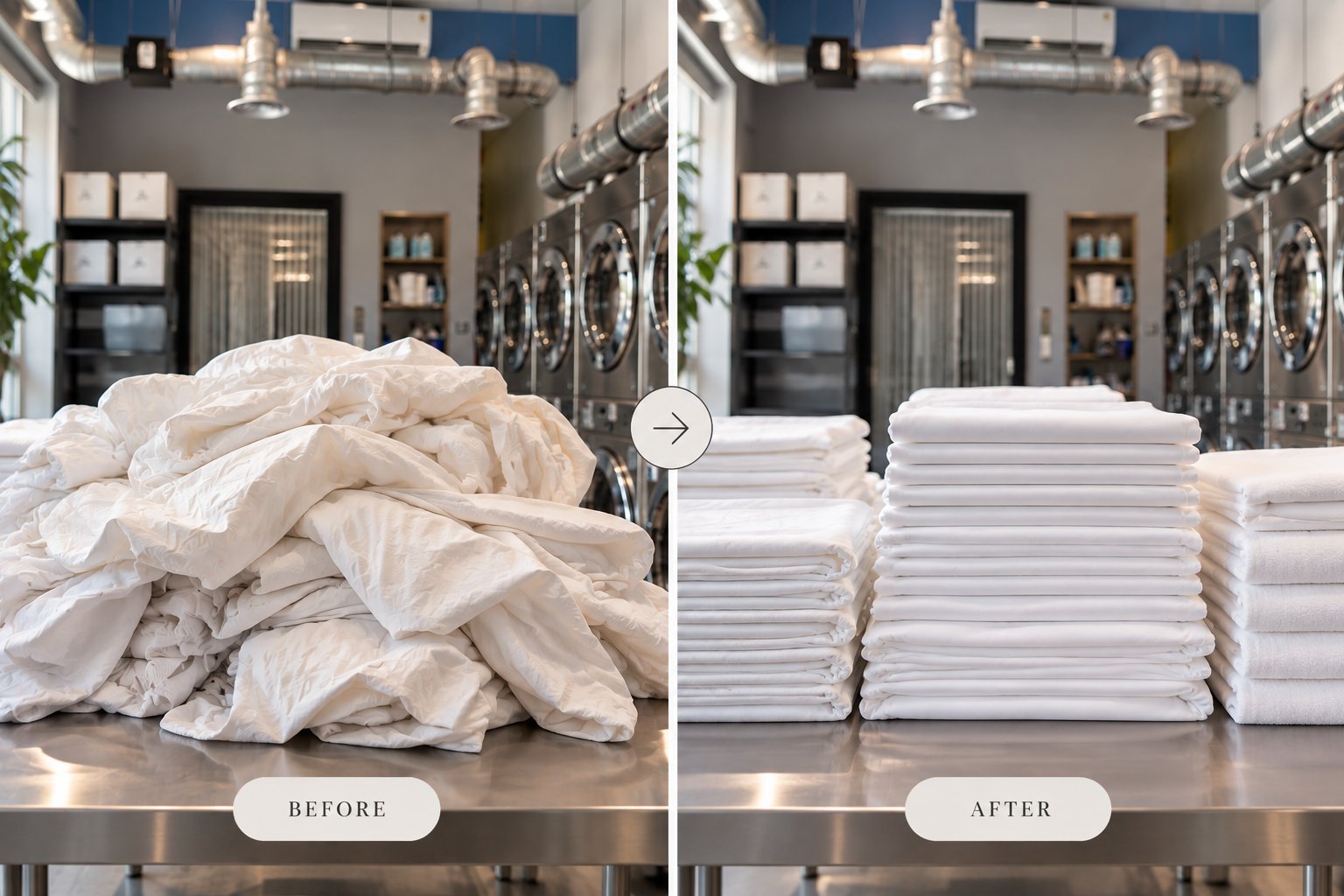 Hotel sheets before and after: a crumpled pile of linen, then crisp folded stacks