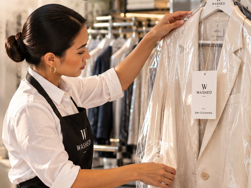 Garment in a dry-cleaning bag on the rack