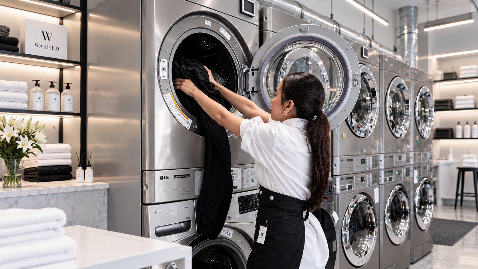 A Washed team member loading one order into its own LG dryer