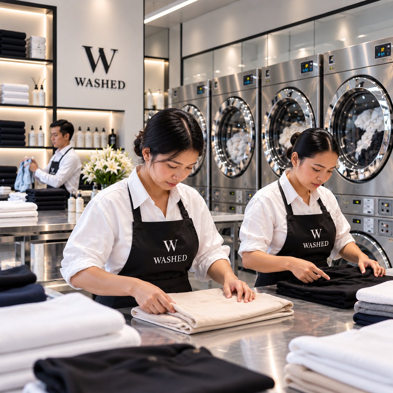 Two Washed team members folding white linen by hand at the steel bench