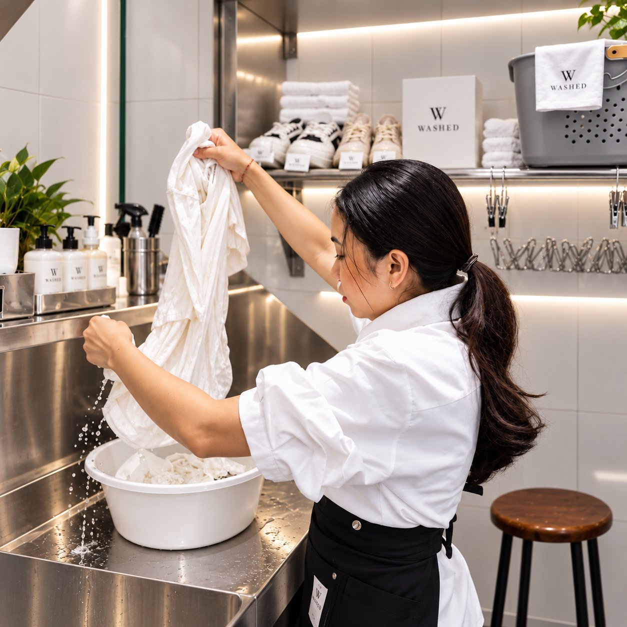 A Washed team member hand-washing a white garment in a basin at the steel sink