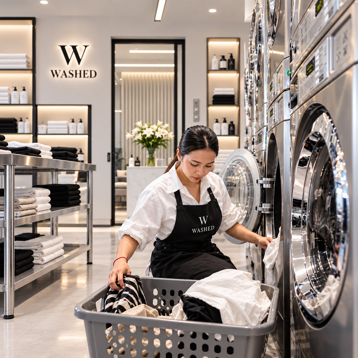 A Washed team member loading one customer's order from its basket into its own washer