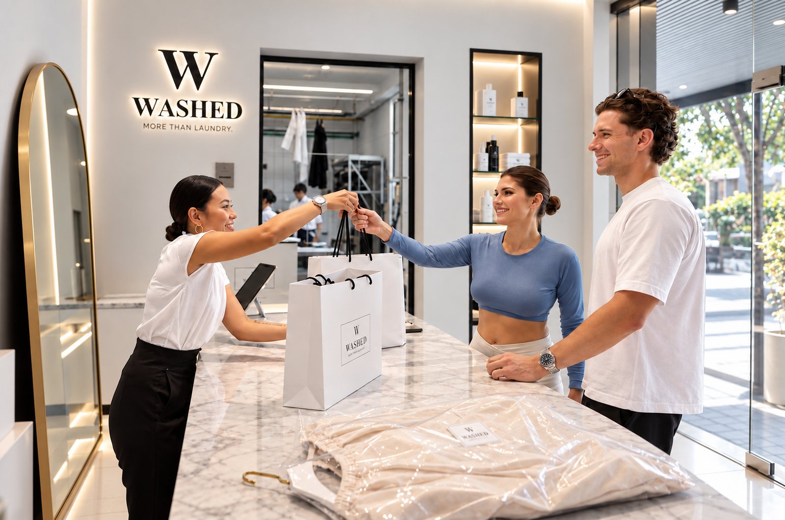 A customer collecting a finished order in Washed bags at the marble reception counter