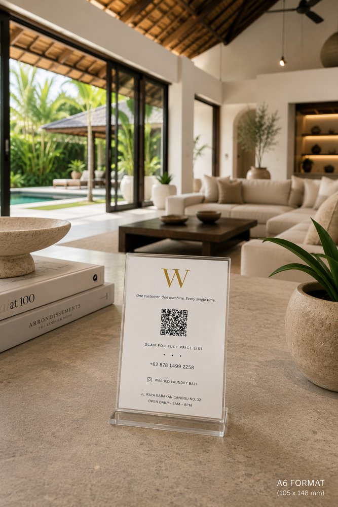 Washed in-room card with a QR code for the full price list, phone number and opening hours