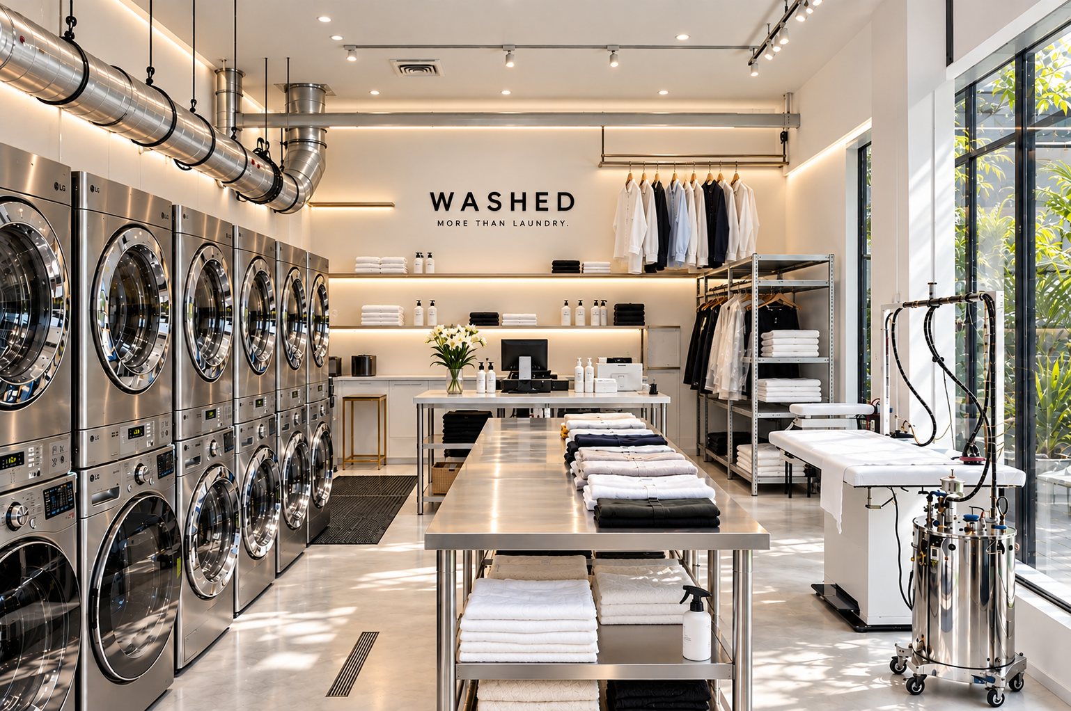 The Washed shop floor: LG washers, the steel folding table with pressed shirts, and the steam pressing station