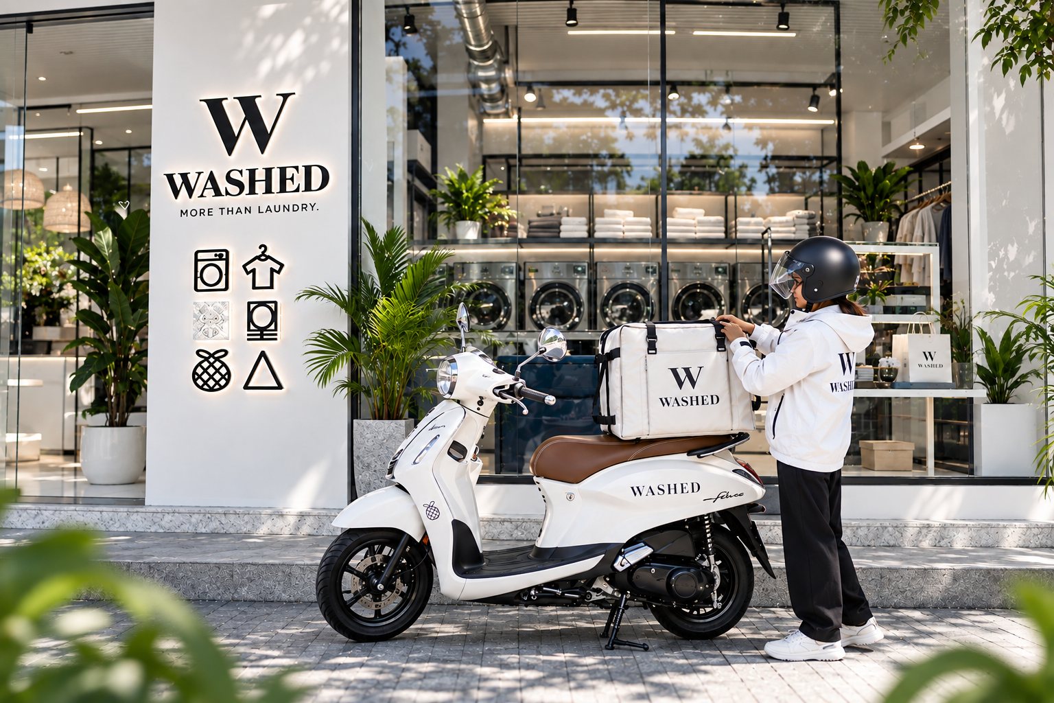 The Washed storefront with a delivery scooter and branded pickup bag