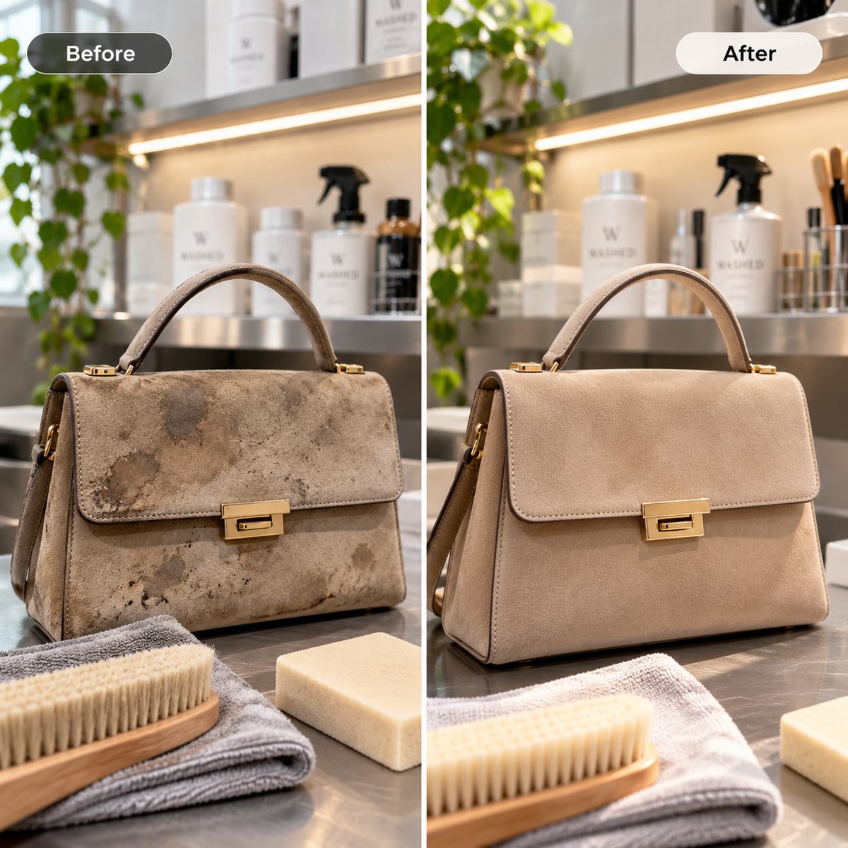 Suede handbag before and after cleaning: water stains and dirt removed, nap restored