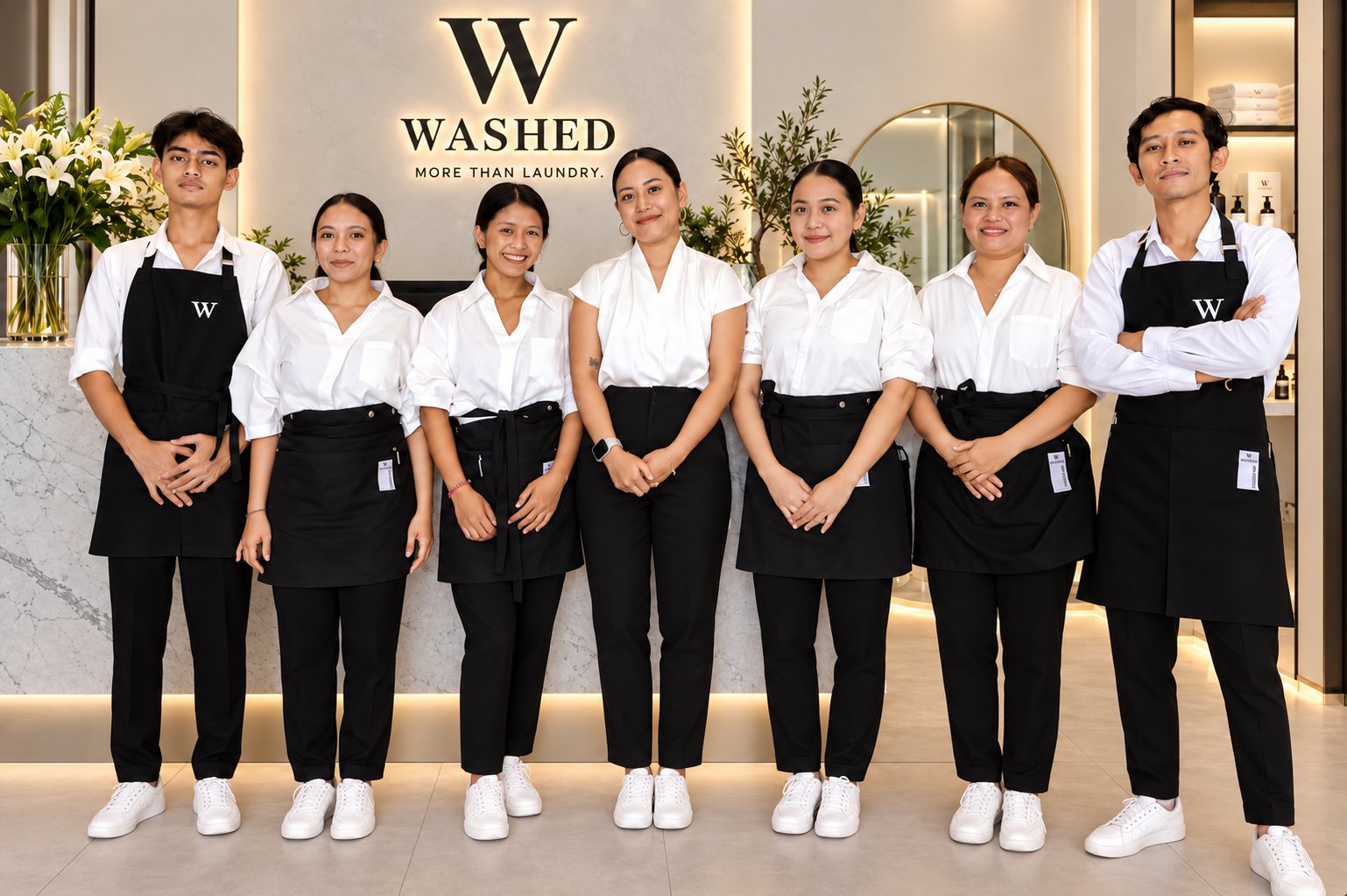 The Washed team in white shirts and black aprons in front of the Washed sign