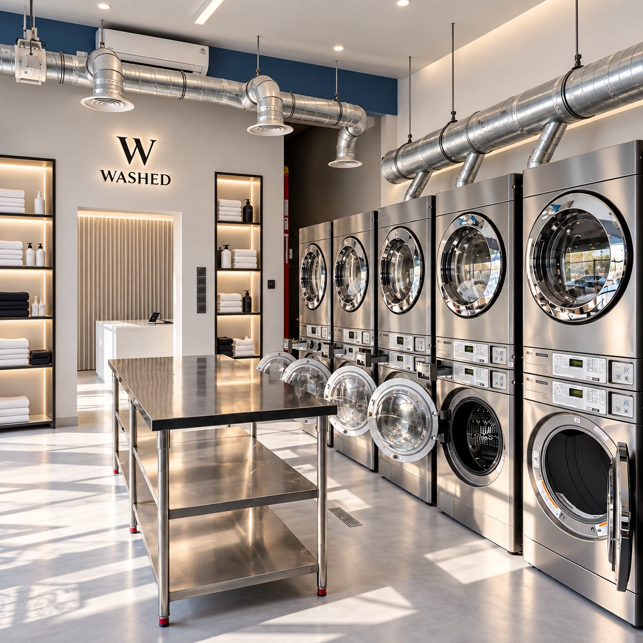 The Washed floor: a wall of stacked LG washers and dryers beside the steel folding table